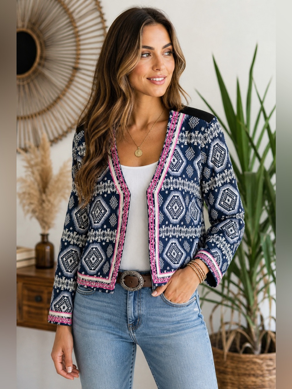 Boho Aztec Print Cropped Blazer Jacket Navy Pink Embroidered Trim XL Oober Swank